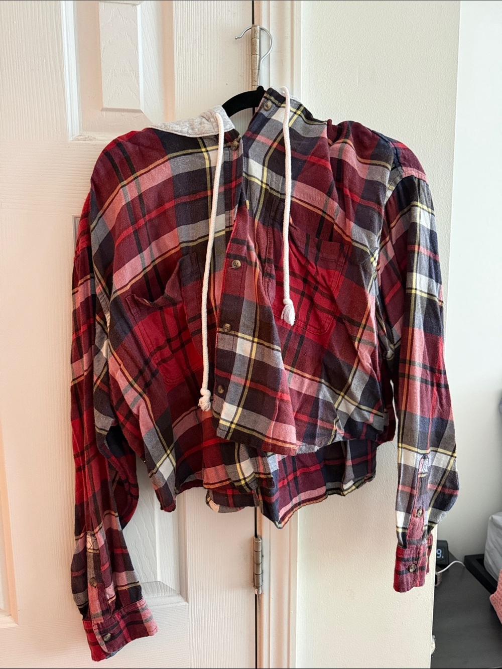 American Eagle Outfitters Red Plaid Button-Down Hoodie Shirt